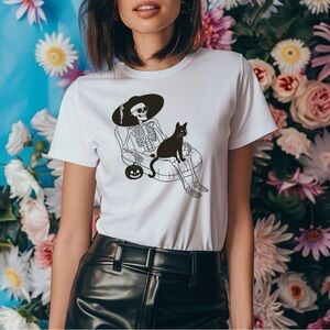 Halloween Black Cat Goth Whimsigoth White Graphic T-Shirt with Skeleton Design